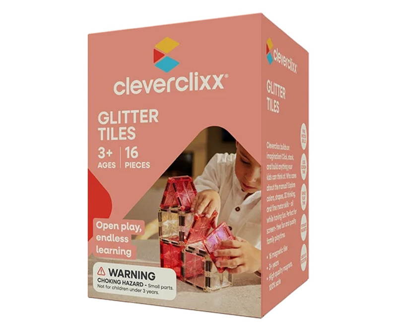 Cleverclixx – Magnetická stavebnice Glitter Tiles Pack Transparent - růžové – 16 ks