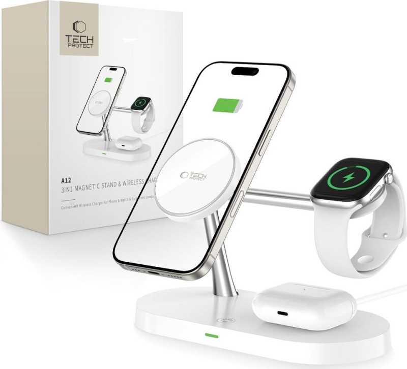 Tech-Protect Bezdrátová rychlá nabíječka pro iPhone, AirPods a Apple Watch - Tech-Protect, A12 MagSafe Wireless Charger White