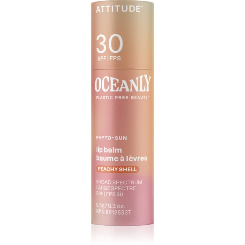 Attitude Oceanly Plastic Free Beauty tónující balzám na rty SPF 30 odstín Peachy Shell 8.5 g
