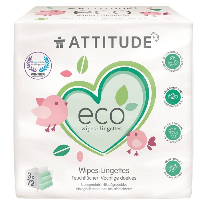 Vlhčené ubrousky ATTITUDE bez vůně - výhodné balení (3 x 72 ks)