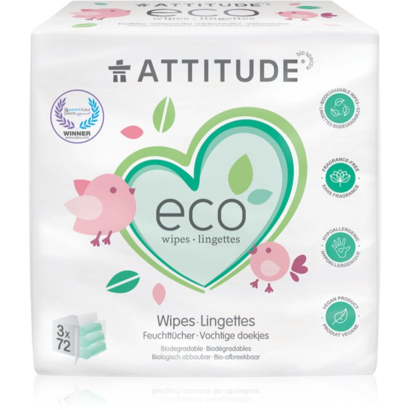 Vlhčené ubrousky ATTITUDE bez vůně - výhodné balení (3 x 72 ks)