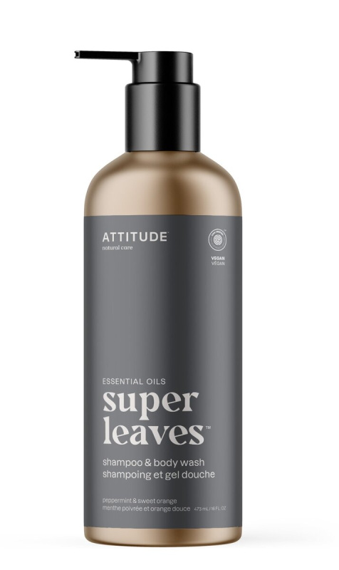 ATTITUDE Super leaves Essentials Přírodní šampon a sprchový gel 2v1 Peppermint & Sweet Orange, 473ml