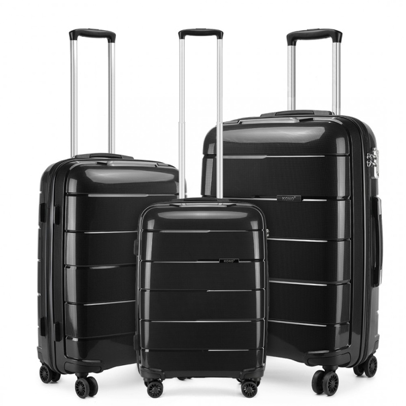 Kono Classic 7 Sada 3 kufry spinner 55cm 65cm 74cm Černý Polypropylen 100L