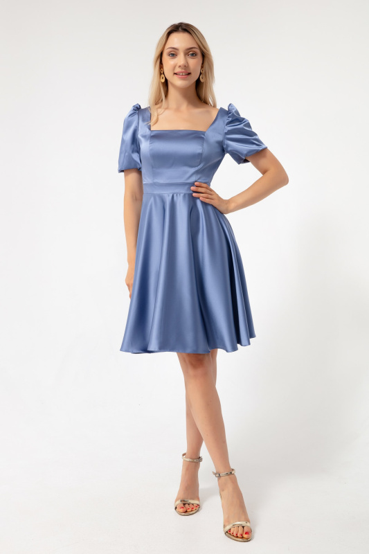 Dámské indigo šaty Lafaba s balónovými rukávy, rozšířeným střihem a saténovou midi délkou.