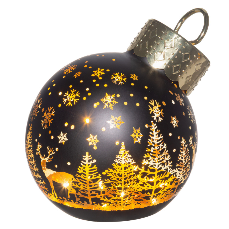 Winteria Vánoční skleněná ozdoba na stromeček s LED osvětlením, motiv zimního lesa, Ø 12 × 14 cm, černá černá