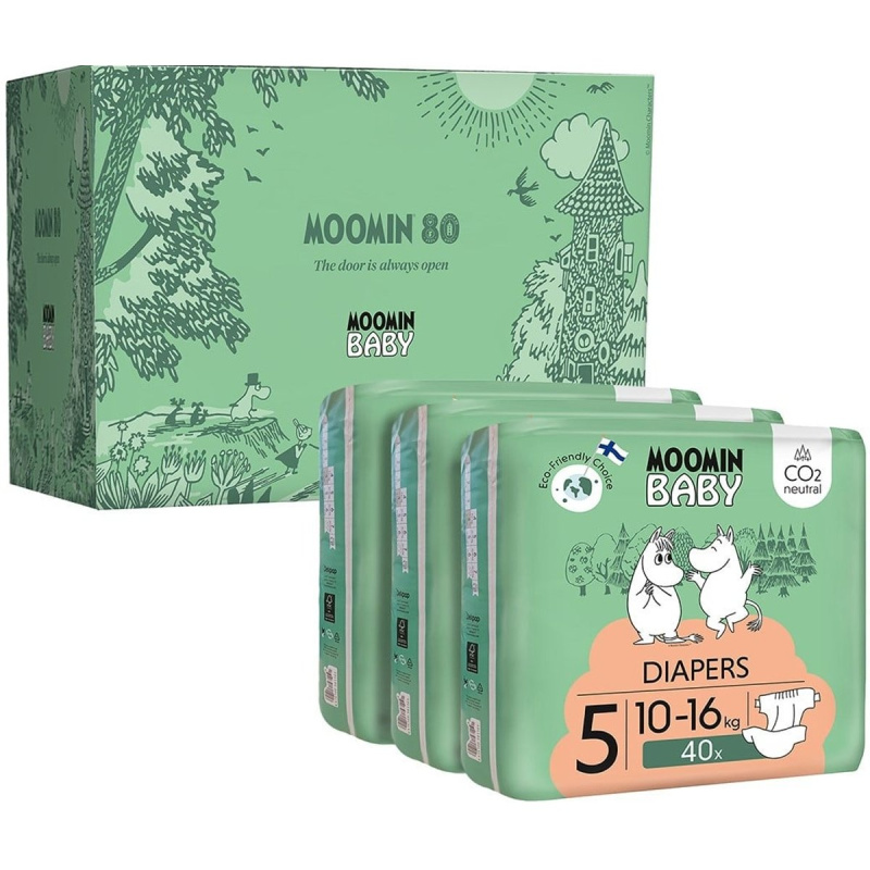 Moomin Baby EKO Měsíční balení jednorázových plen maxi 5 (10–16 kg) dárkový box