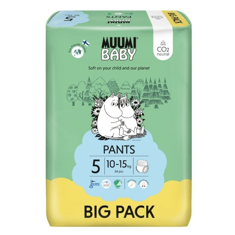 Muumi Baby Pants 5 Maxi+ 10-15 kg (54 ks), kalhotkové eko pleny