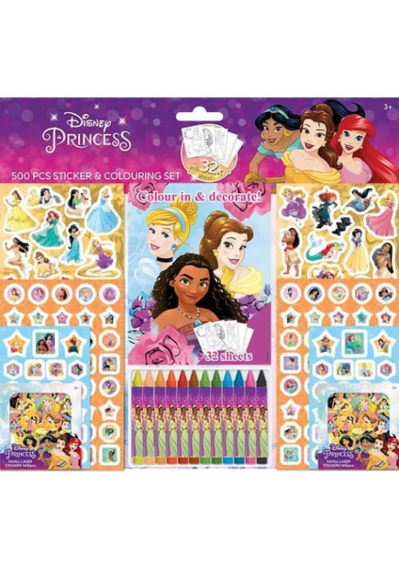 Samolepkový set s omalovánkami a voskovkami - Disney Princezny