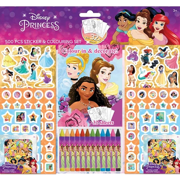Samolepkový set s omalovánkami a voskovkami - Disney Princezny