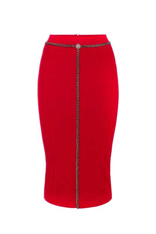 Červená pouzdrová sukně s předním zipem