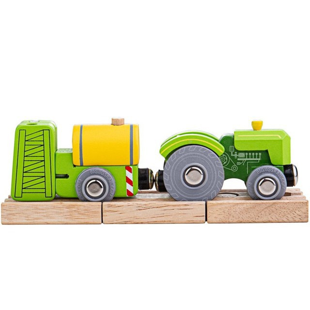 Vláčkodráha auto - Traktor s vlečkou zelený + 2 koleje (Bigjigs)