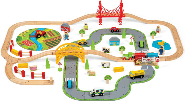 Bigjigs Rail Dřevěná vláčkodráha s venkovskou cestou 80 dílů