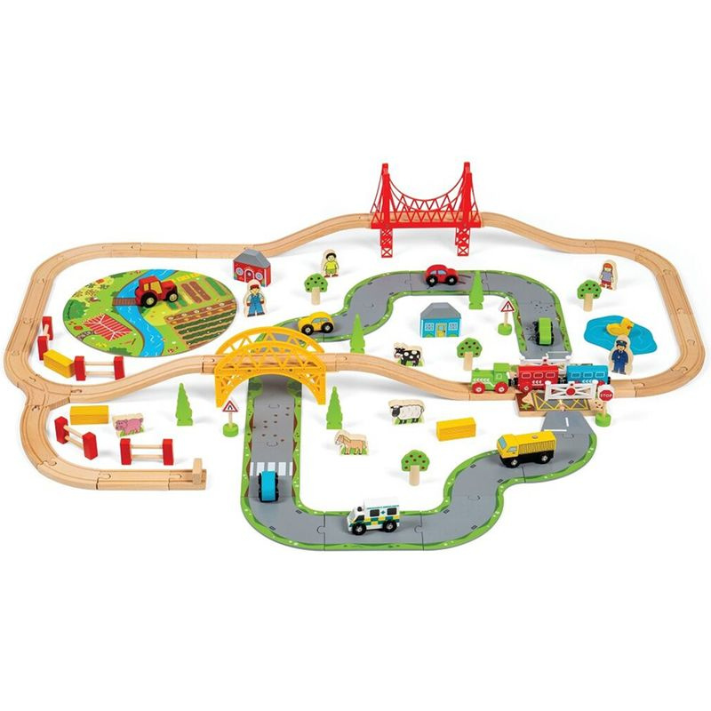 Bigjigs Rail Dřevěná vláčkodráha s venkovskou cestou 80 dílů