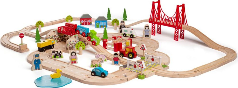 Bigjigs Rail Dřevěná vláčkodráha s venkovskou cestou 80 dílů