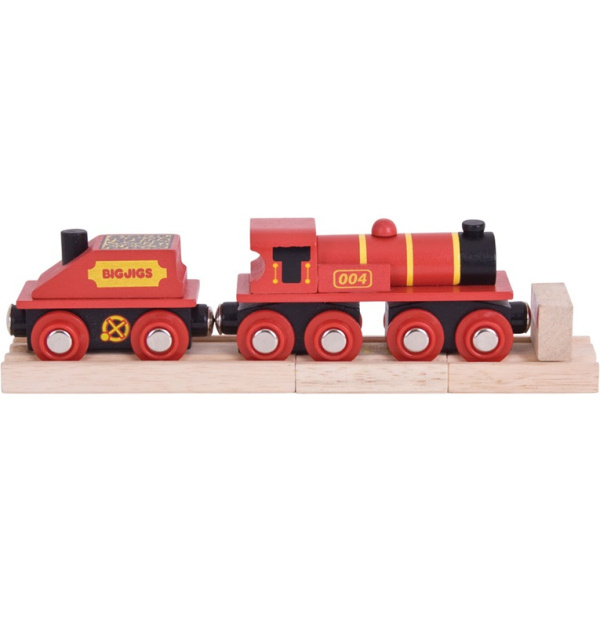 Bigjigs Rail Červená lokomotiva s tendrem + 3 koleje