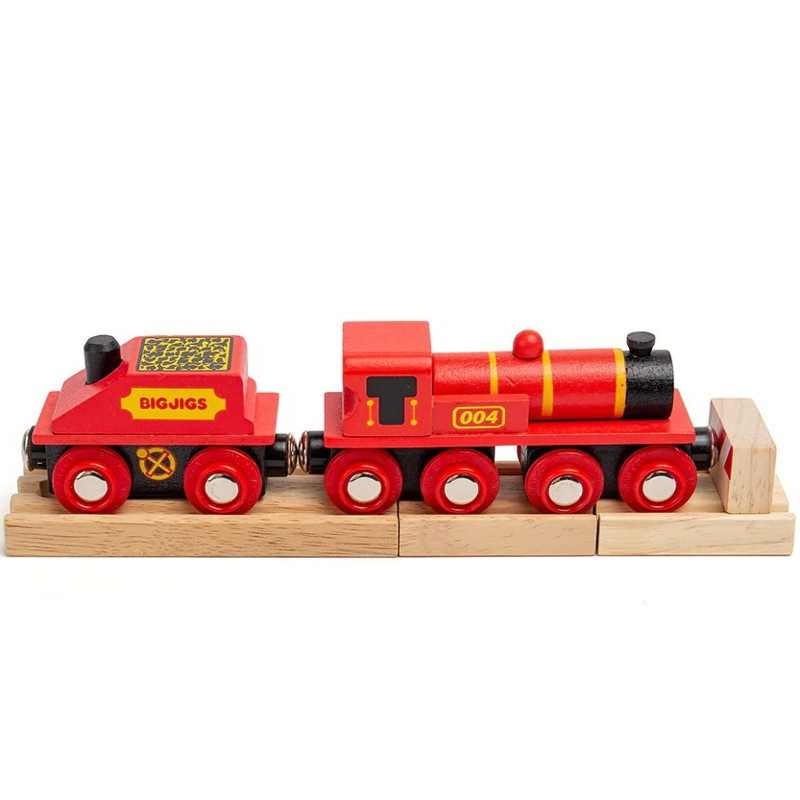 Bigjigs Rail Červená lokomotiva s tendrem + 3 koleje