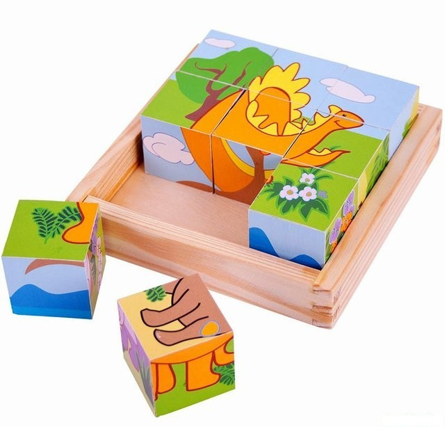 Bigjigs Toys Obrázkové kostky kubusy Dinosauři 9 kostek