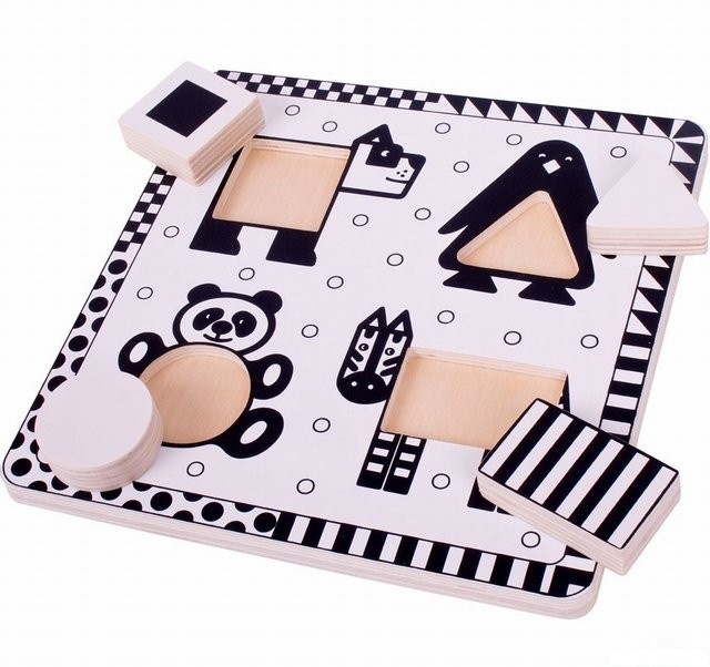 Bigjigs Toys Dřevěné vkládací puzzle černobílé tvary 1