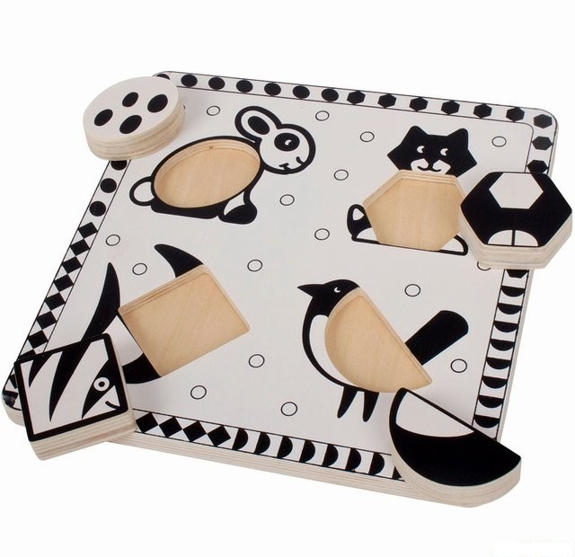 Bigjigs Toys Dřevěné vkládací puzzle černobílé tvary 2