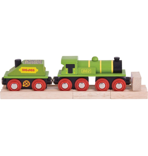 Bigjigs Rail Zelená lokomotiva s tendrem + 3 koleje