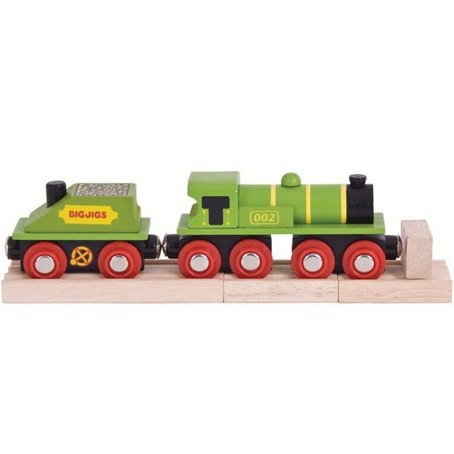 Bigjigs Rail Zelená lokomotiva s tendrem + 3 koleje