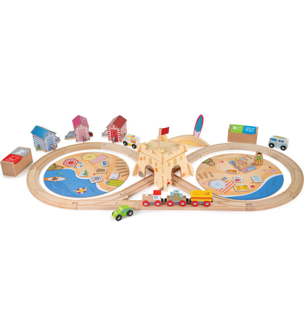 Bigjigs Rail Dřevěná vláčkodráha Úklid pobřeží 70 dílů