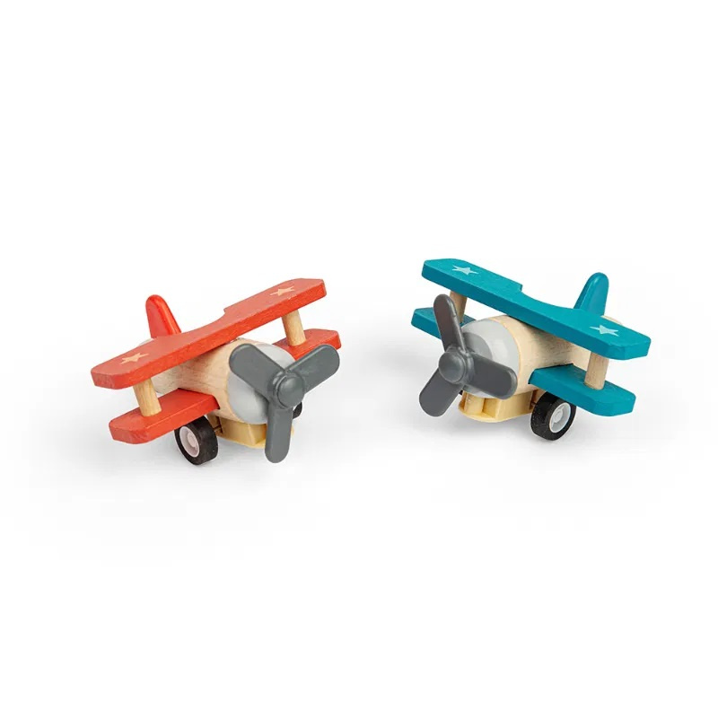 Bigjigs Toys Dřevěné natahovací letadlo Dvouplošník modrý