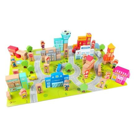 Kostky stavebnice město dřevo 120ks v papírovém kbelíku 22x27cm 18m+