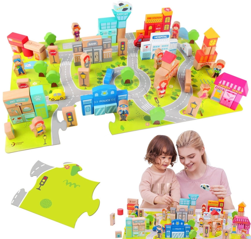 Kostky stavebnice město dřevo 120ks v papírovém kbelíku 22x27cm 18m+