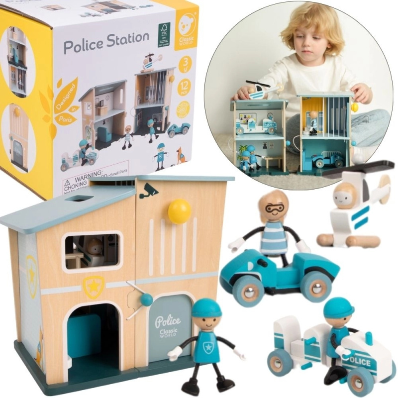 Classic World dřevěná policejní stanice s auty, helikoptérou a figurkami