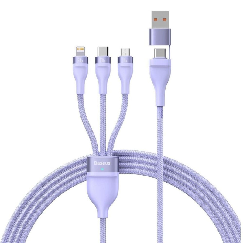 BASEUS kabel 3 v 1 USB A / typ C na Micro USB / Lightning / typ C PD QC 5A100W CASS030105 1,2 m fialový