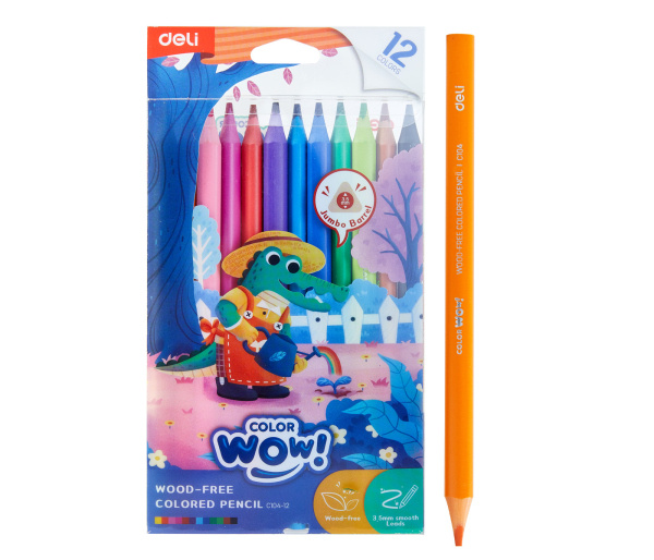 Pastelky DELI bezdřevé trojhranné JUMBO 12 barev WOW EC104-12 DELI GROUP CO., LTD.