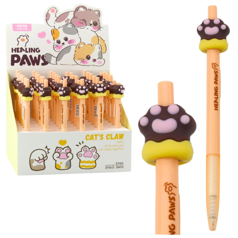 Gelové pero Kočičí tlapka hnědé modrý inkoust 15 cm 0,5 mm