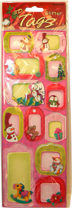 3D vánoční jmenovky na dárky s glitry – sada 12 ks, mix motivů