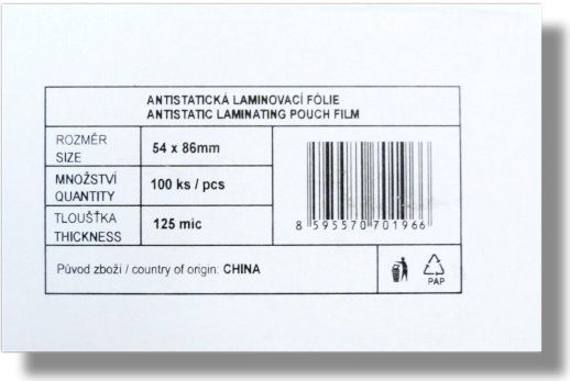 Laminovací fólie - kapsy 54 × 86 mm, 125 mic (100 ks)