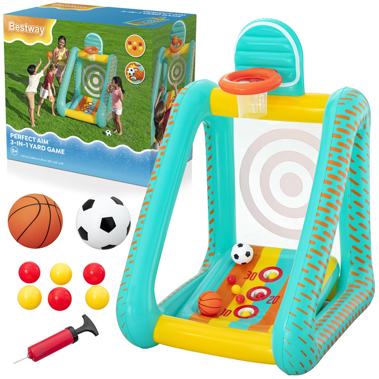 Bestway nafukovací herní centrum 3v1 pro děti – basketbal, fotbal a terč 127 × 109 × 178 cm