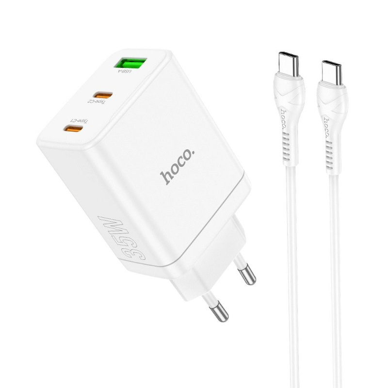 HOCO síťová nabíječka 2 x typ C + USB A + kabel typu C na typ C PD QC3.0 3A 35W N33 bílá