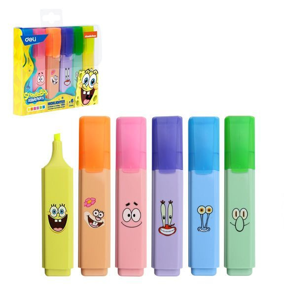 Zvýrazňovače DELI SPONGEBOB neon - sada 6 barev