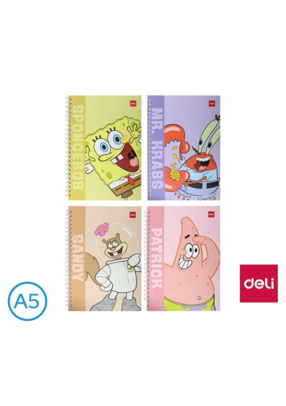Spirálový blok A5 DELI SPONGEBOB linkovaný 60 l. - mix motivů
