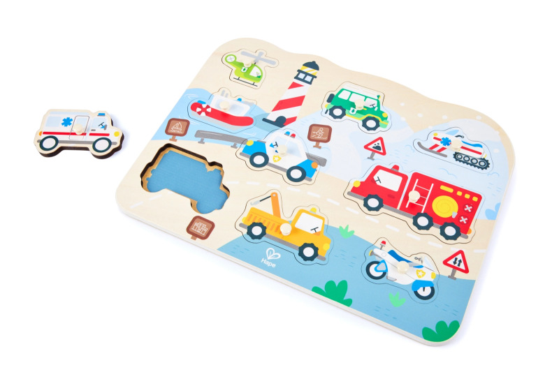 Dřevěné vkládací puzzle se záchrannými vozidly