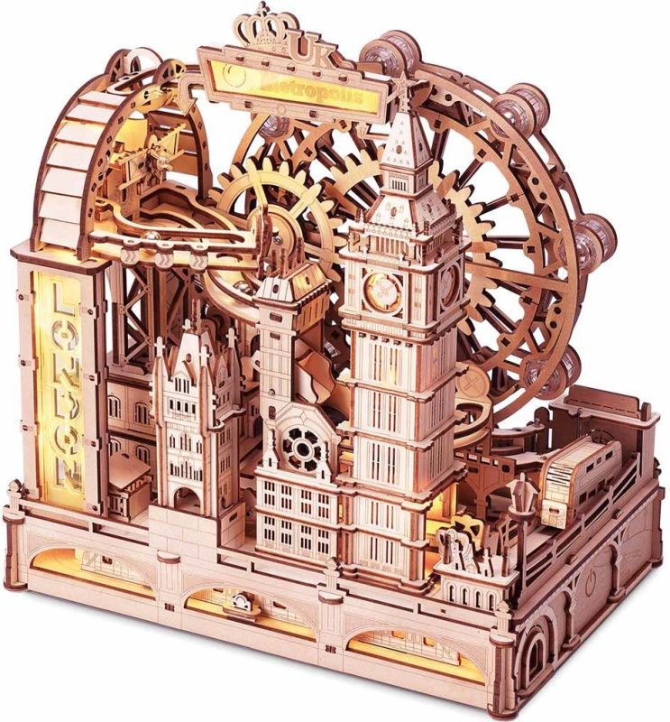Rokr 3D dřevěné puzzle Londýn – mechanický model s kuličkovou dráhou, 431 dílků