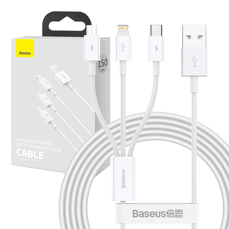 Baseus CAMLTYS-02 Superior Fast Charging Datový Kabel 3v1 USB-C, Lightning, MicroUSB 1.5m White
