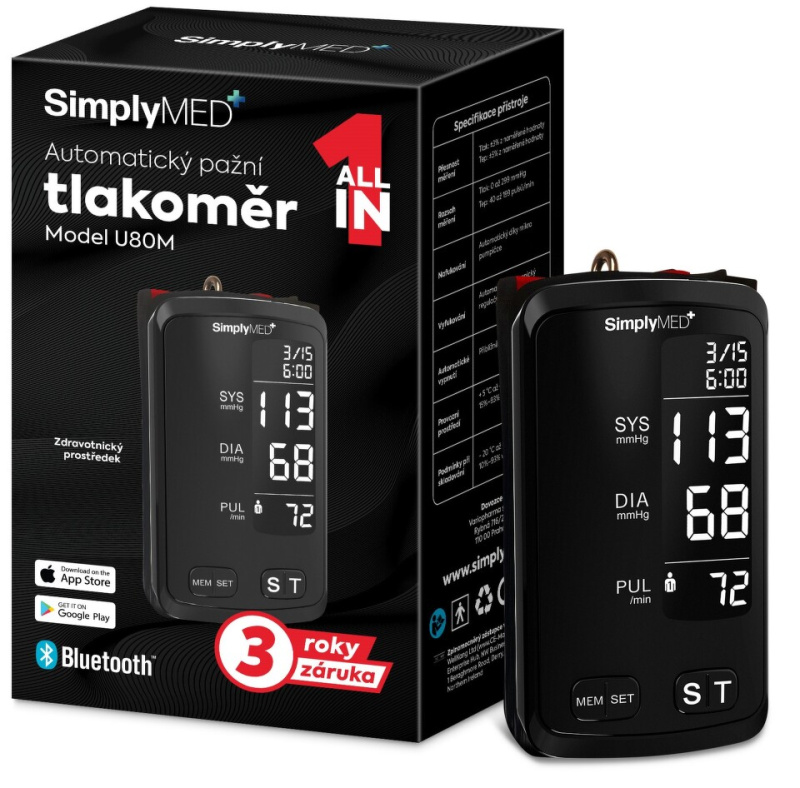 SimplyMed Automatický pažní digitální tlakoměr U80M s Bluetooth 1 ks