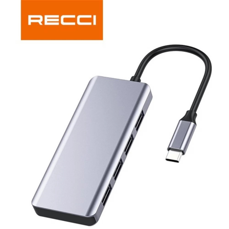 Recci RH06 USB-C hub - 5v1 (USB-A, micro USB) - Šedá