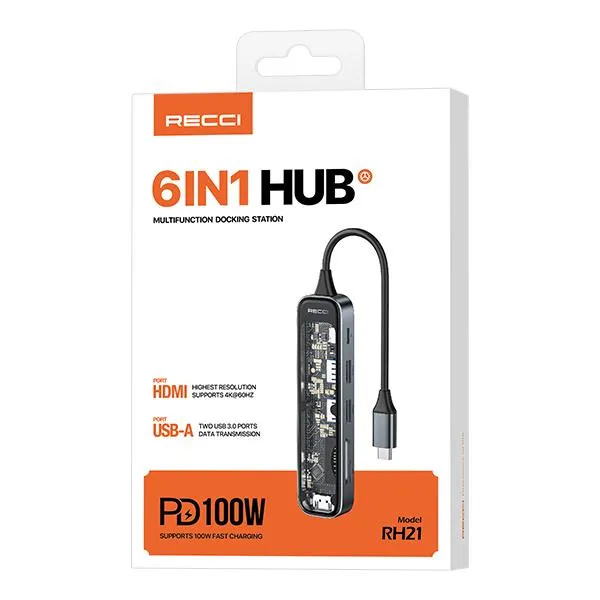 Recci RH21 USB-C hub - 6v1 (USB, HDMI, čtečky karet) Šedá