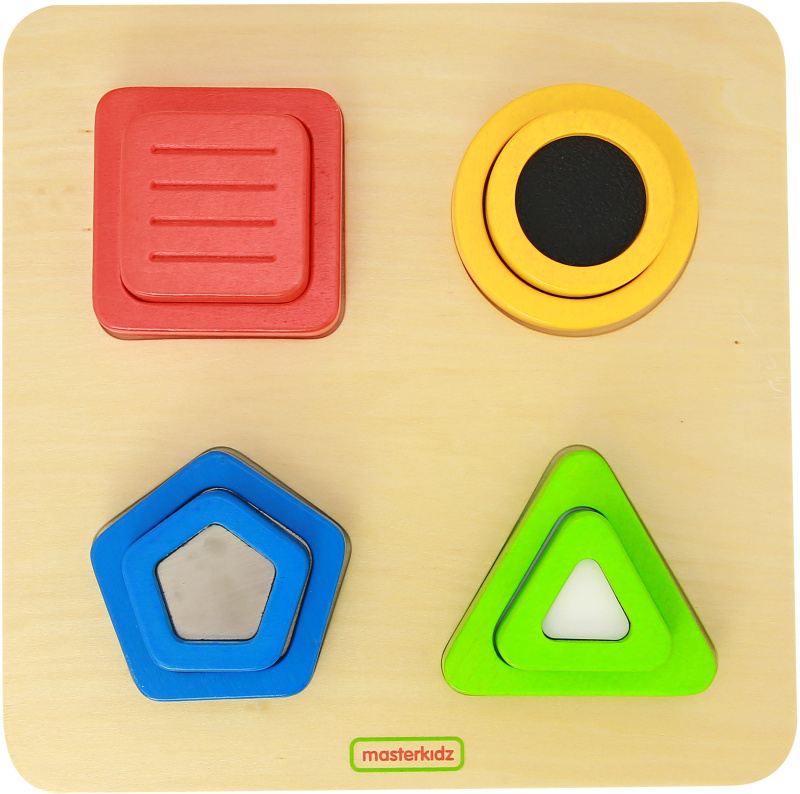 Dřevěný sorter tvarů materiálů a povrchů Montessori