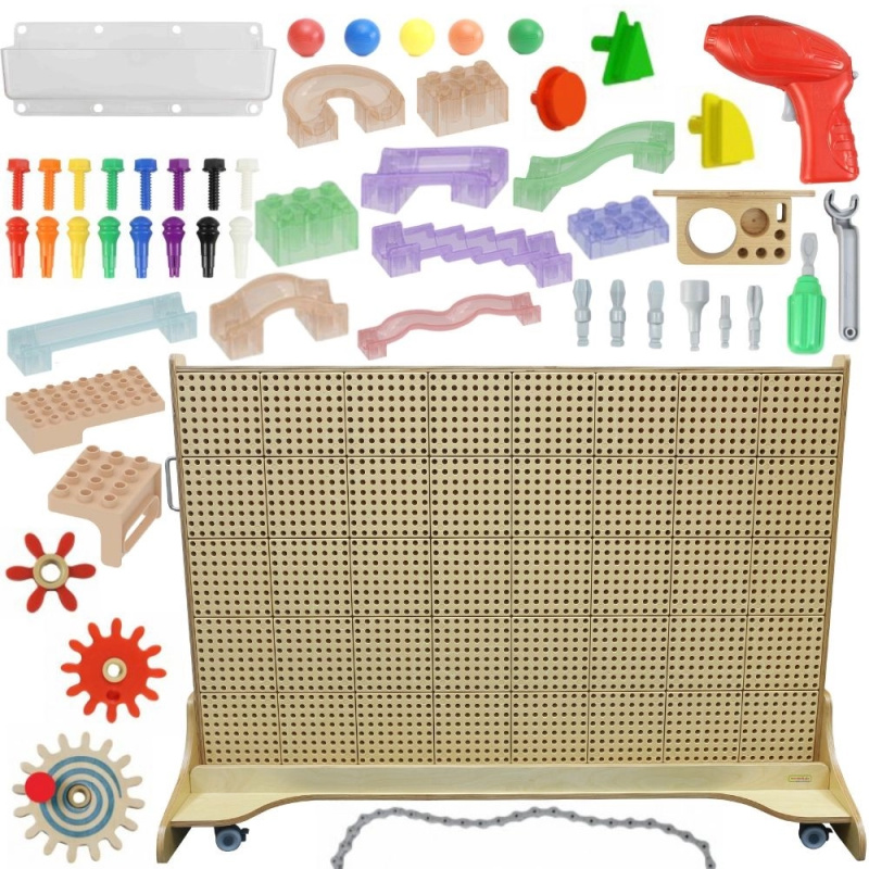 Masterkidz volně stojící STEM stěna s akcesoriemi, kolíčky, tácami, kostkami a nářadím