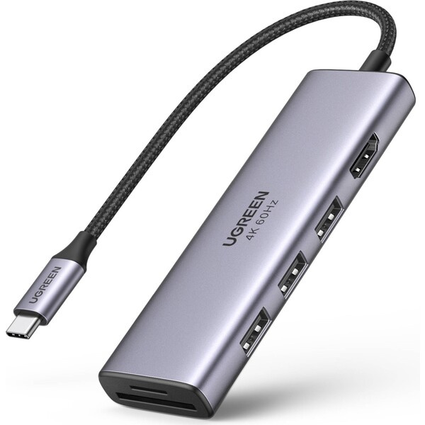 UGREEN 60383 USB-C/HDMI+3*USB 3.0 A+SD/TF konvertor Šedá