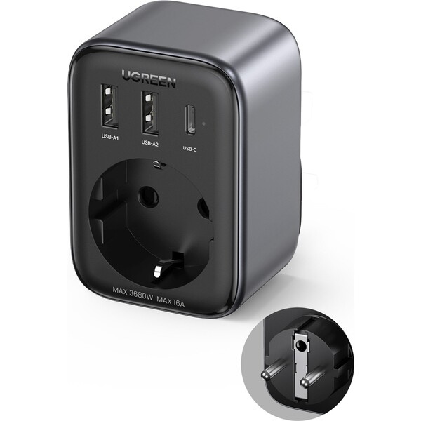 Nabíječka do sítě UGREEN 1x AC, 2x USB, 1x USB-C, 30W (90613) šedá Šedá