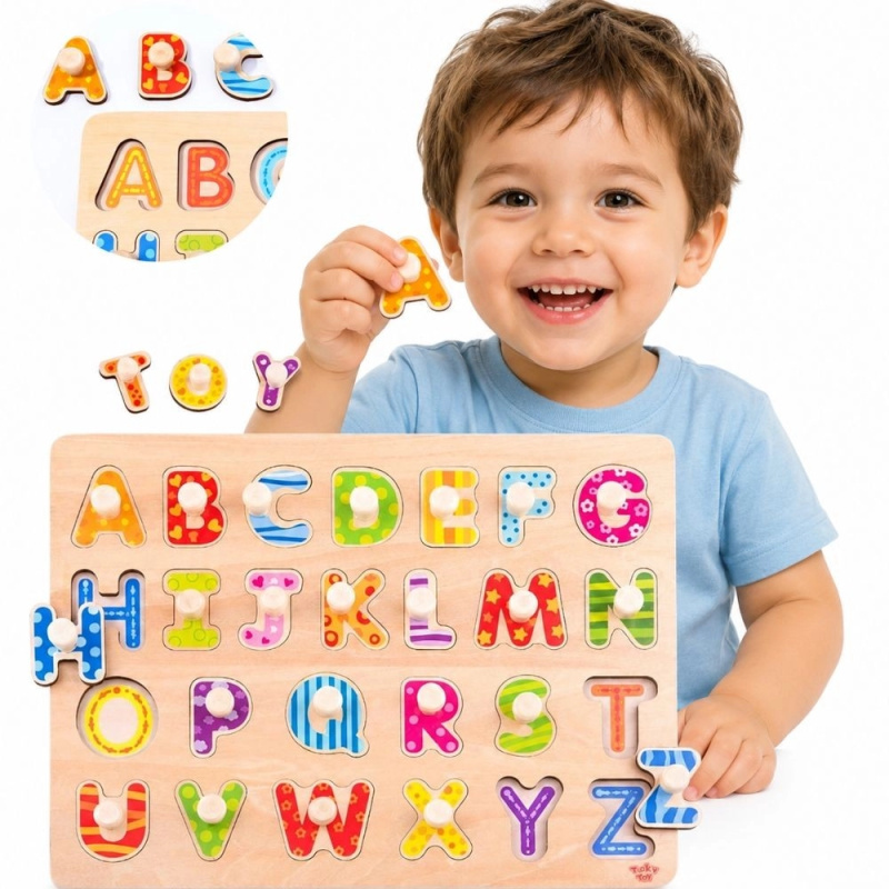 Tooky toy montessori dřevěné vkládací puzzle abeceda s úchyty